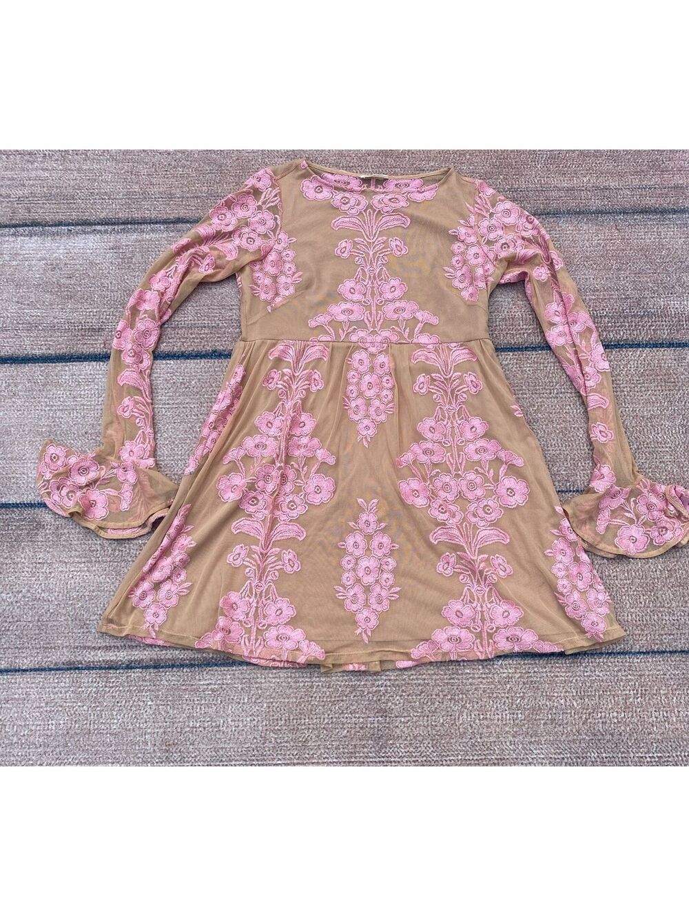 For Love & Lemons Temecula mini babydoll dress tan mesh pink lace fairycore L